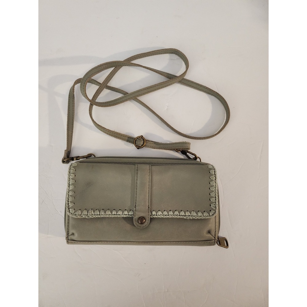 The Sak Iris Leather Crossbody Wallet Bag Sage Green Whipstitch Organizer Purse